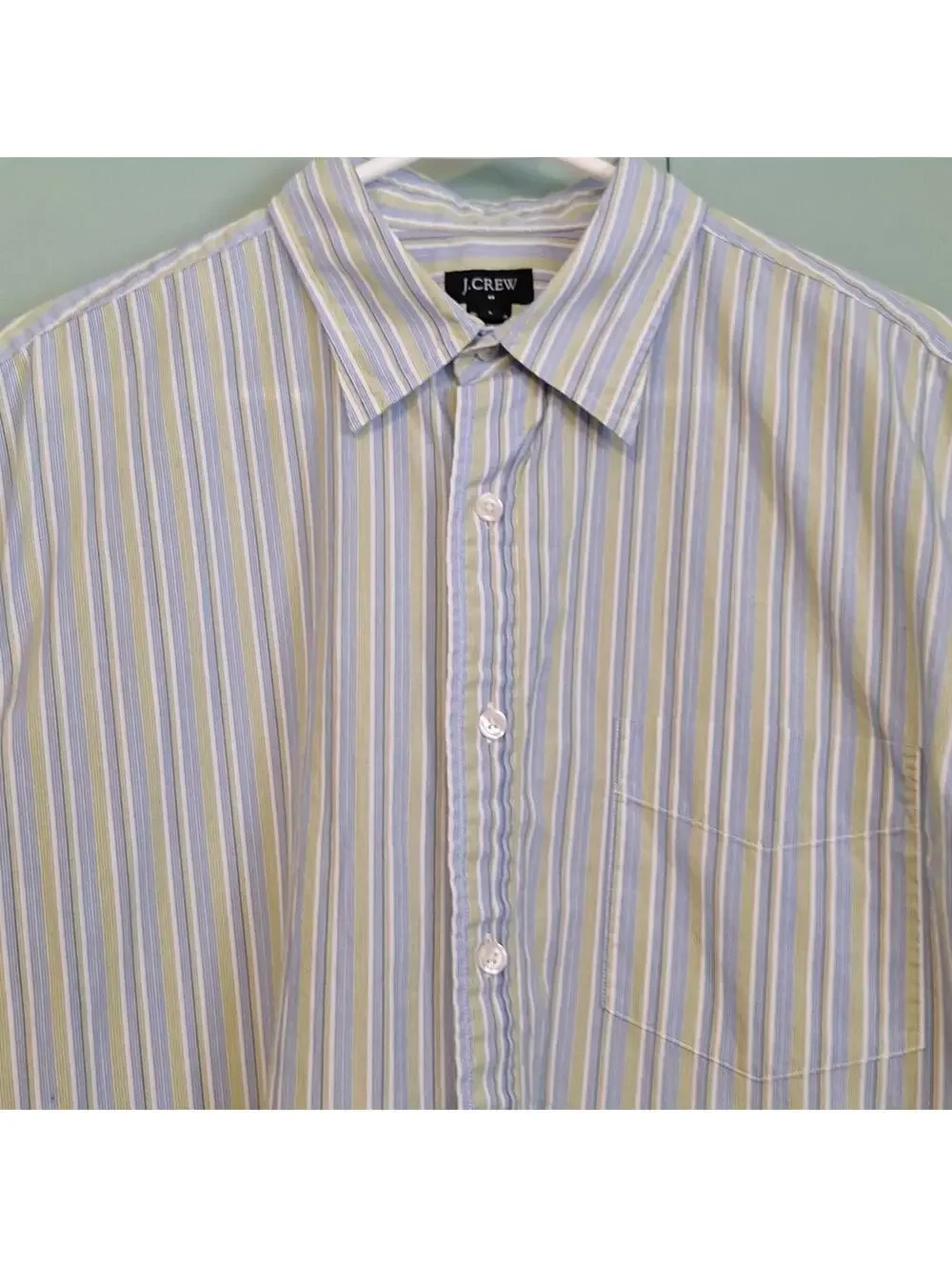 J. Crew 100% Cotton Green And Blue Striped Button Up Short Sleeve Dress Shirt L